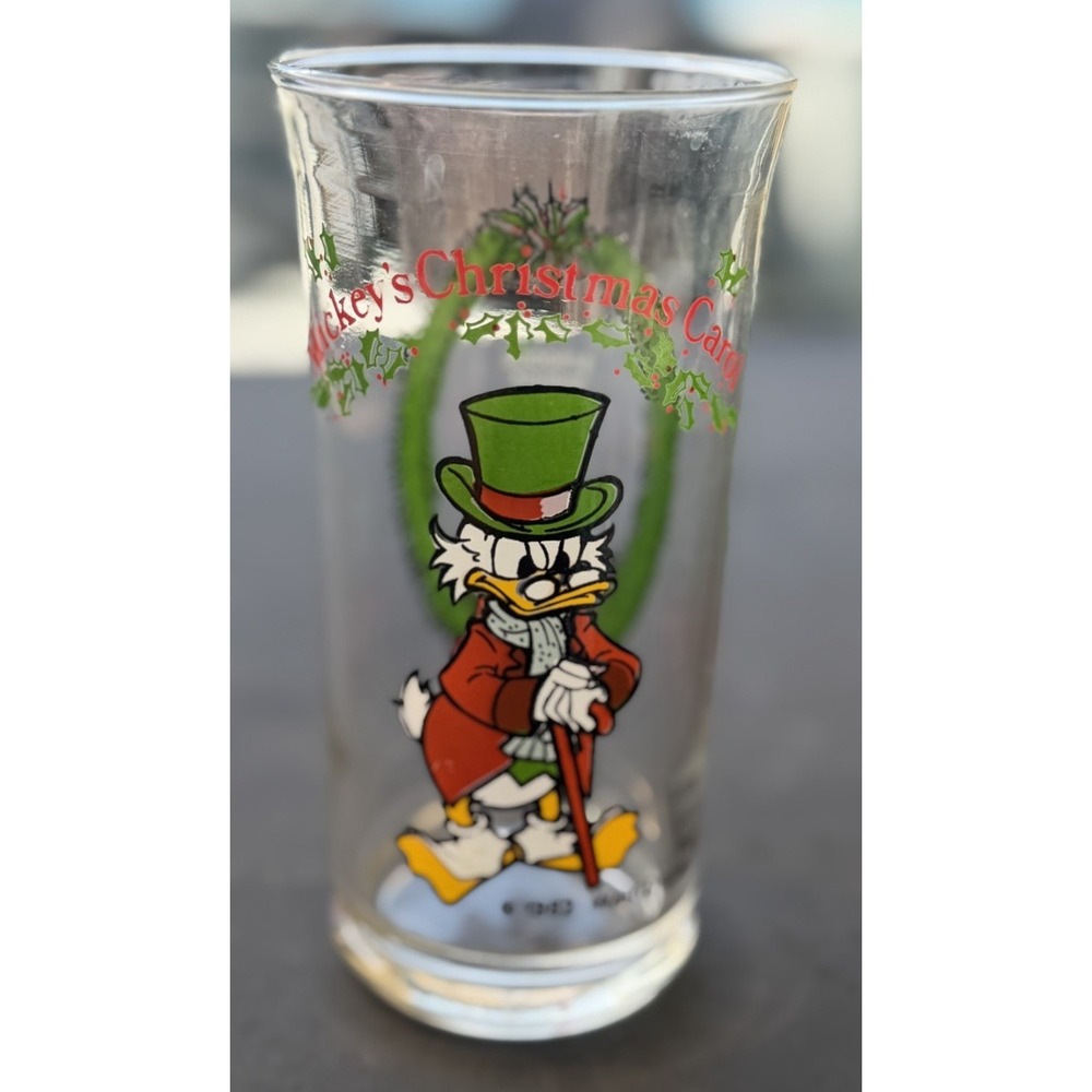 Disney Coca Cola Mickey Christmas Carol Scrooge McDuck Glass Drink Cup 1982